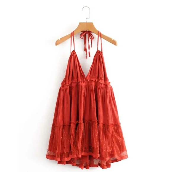 Backless Babydoll Short Dress in Burnt Orange - Picture 1 of 16